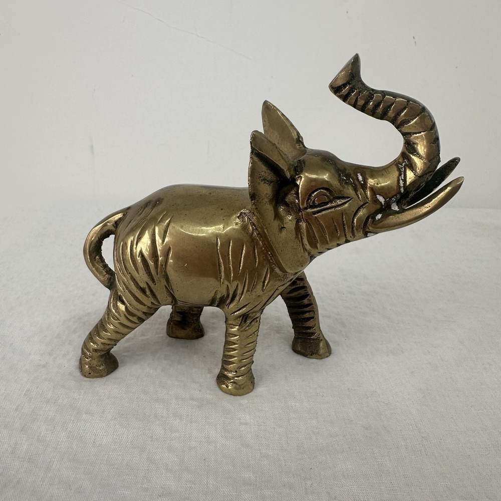 Vintage Solid Brass Elephant Figurine Trunk Up Etched Details Tusks 6"